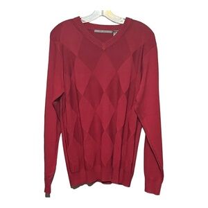 Oscar De La Renta Men’s True Red Diamond Argyle V-Neck Sweater, Medium, Cotton